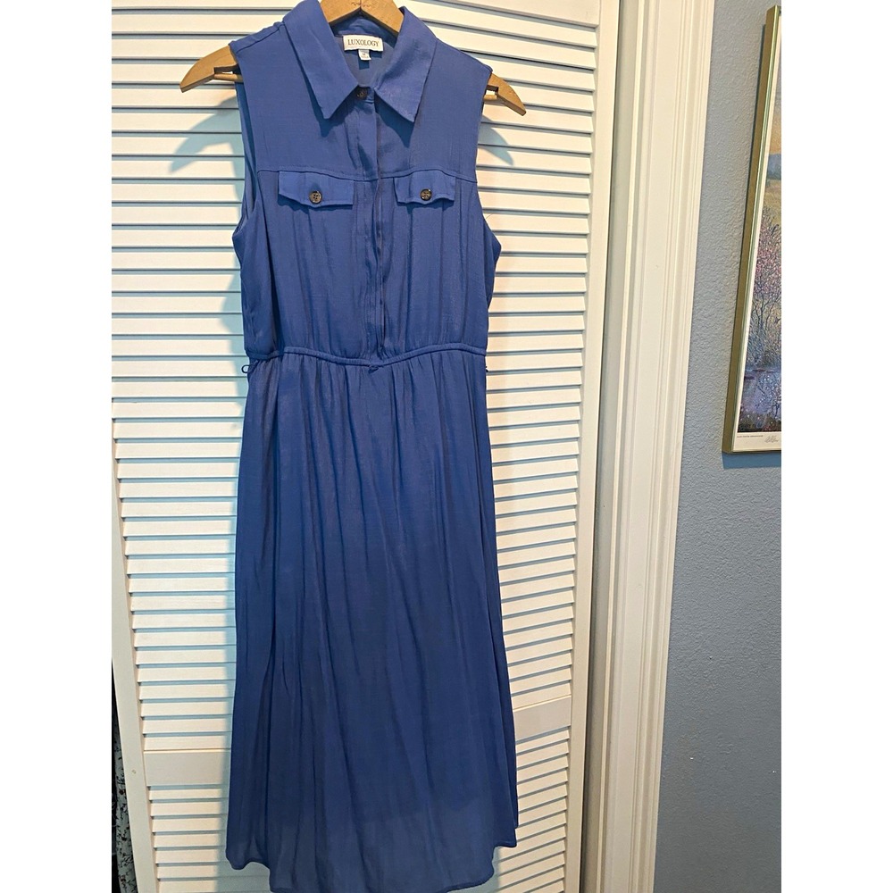 Luxology Women's Blue Solid Sleeveless Collared Button-Front Midi Shirt Dress M